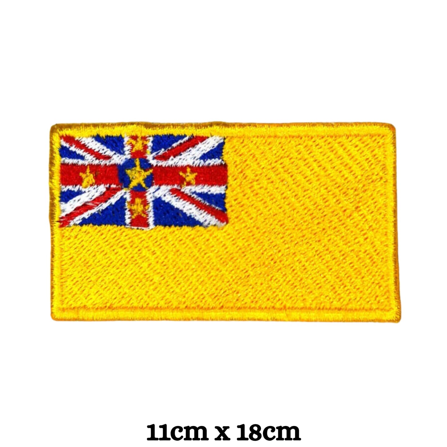 Niue Flag Embroidered Patch Set, Iron-On or Sew-On Applique Badges, Rectangle Shield Round Heart Shapes, for Jackets, Backpacks, Hats, Uniforms and Various Sizes