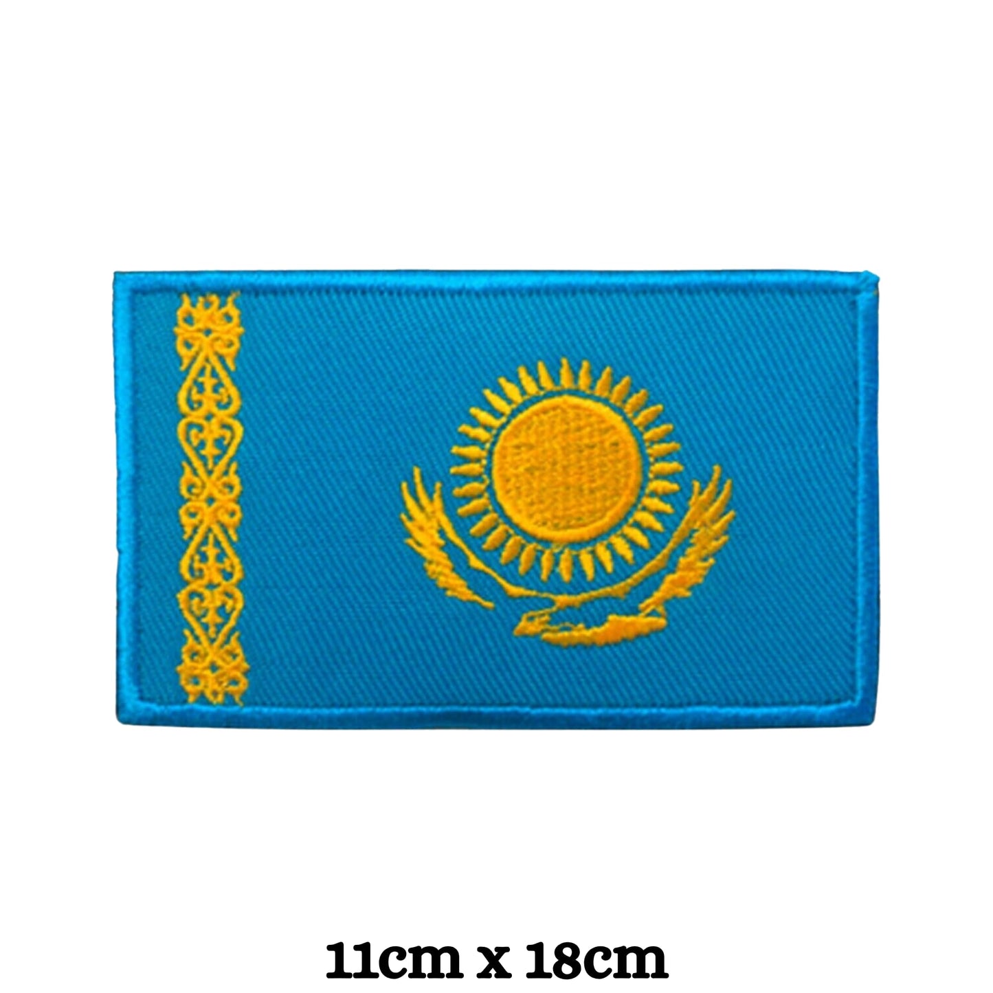 Kazakhstan Flag Embroidered Patch Set, Iron-On or Sew-On Applique Badges, Rectangle Shield Round Heart Shapes, for Jackets, Backpacks, Hats, Uniforms and Various Sizes