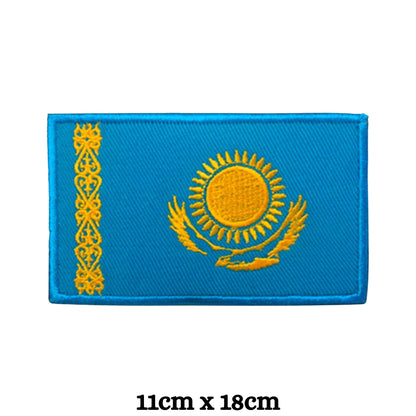 Kazakhstan Flag Embroidered Patch Set, Iron-On or Sew-On Applique Badges, Rectangle Shield Round Heart Shapes, for Jackets, Backpacks, Hats, Uniforms and Various Sizes