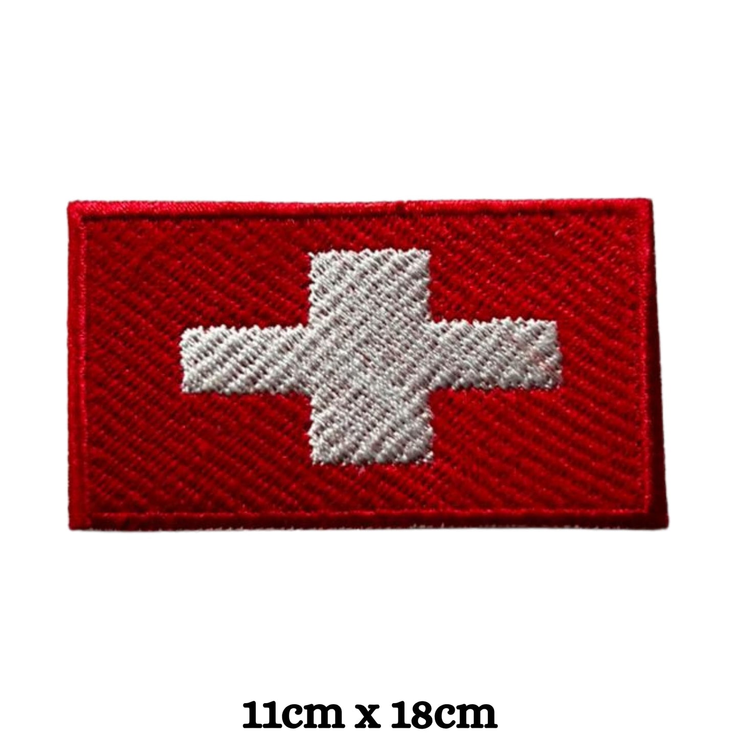 BeBuz Switzerland Flag Embroidered Patches, Iron-On/Sew-On Applique, Shield, Round, Heart and Rectangle Flag Badges for Jackets, Bags, Uniforms, Various Sizes