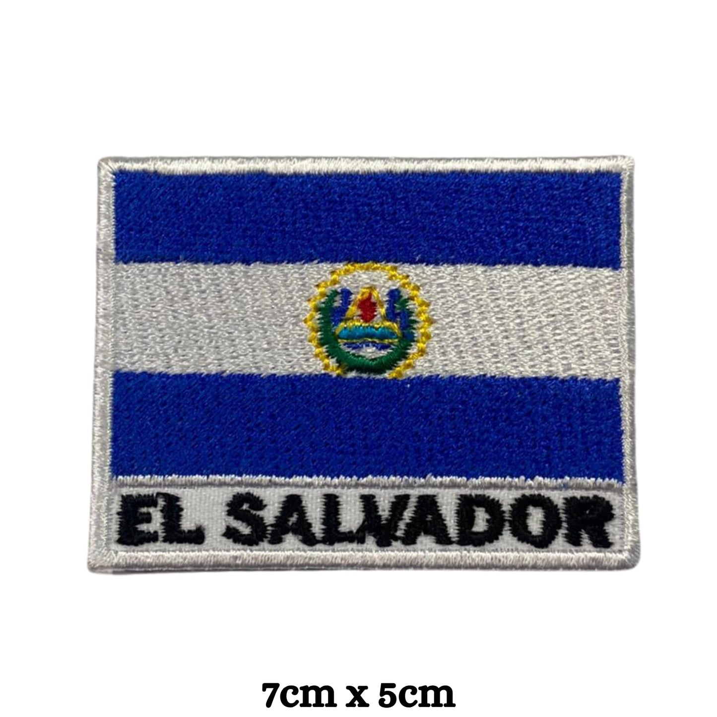 El Salvador Flag Embroidered Patch Set, Iron-On or Sew-On Applique Badges, Rectangle Shield Round Heart Shapes, for Jackets, Backpacks, Hats, Uniforms and Various Sizes