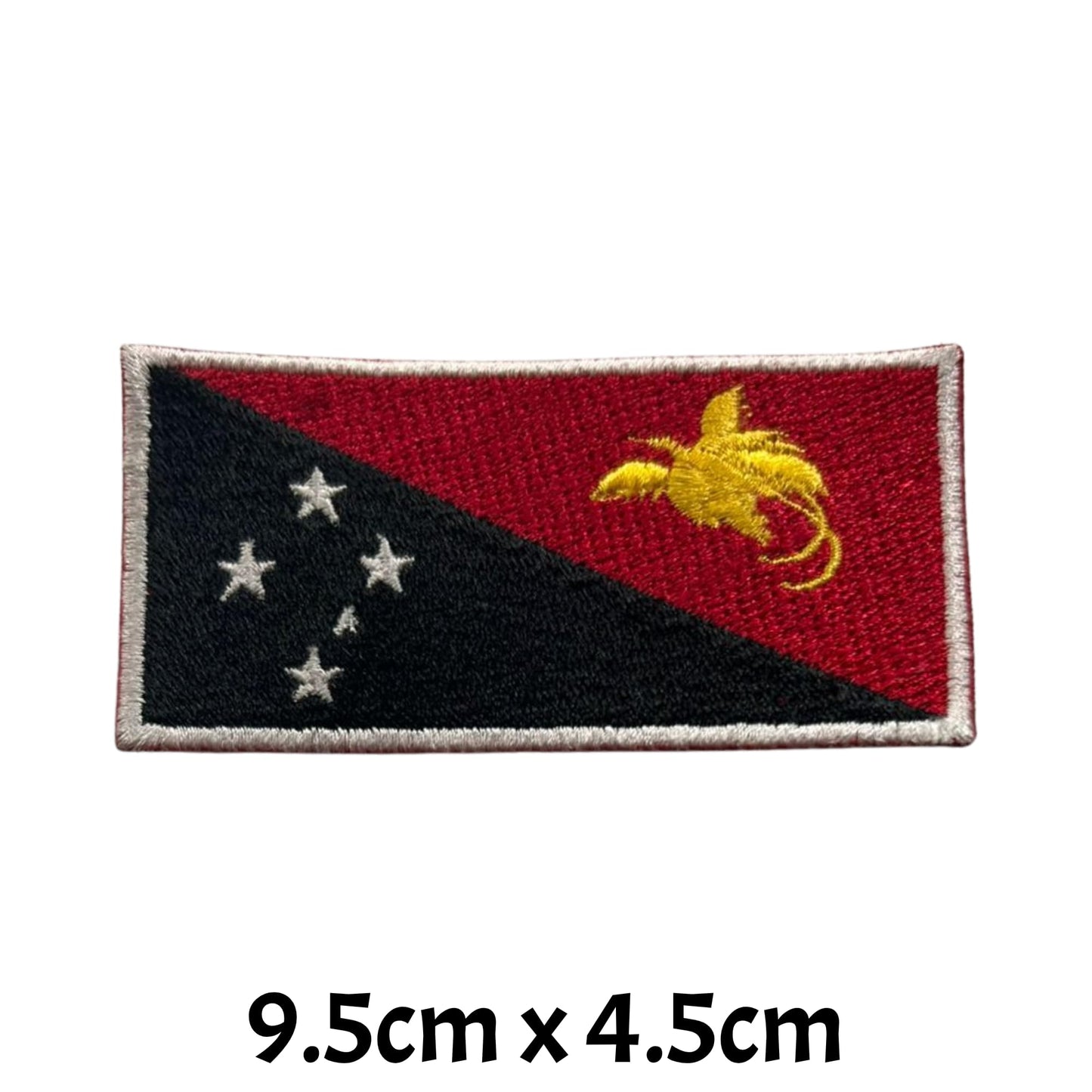Papua New Guine Flag Embroidered Patch Set, Iron-On or Sew-On Applique Badges, Rectangle Shield Round Heart Shapes, for Jackets, Backpacks, Hats, Uniforms and Various Sizes