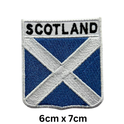 BeBuz Scotland Flag Embroidered Patches, Iron-On/Sew-On Applique, Shield, Round, Heart and Rectangle Flag Badges for Jackets, Bags, Uniforms, Various Sizes