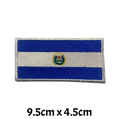 El Salvador Flag Embroidered Patch Set, Iron-On or Sew-On Applique Badges, Rectangle Shield Round Heart Shapes, for Jackets, Backpacks, Hats, Uniforms and Various Sizes