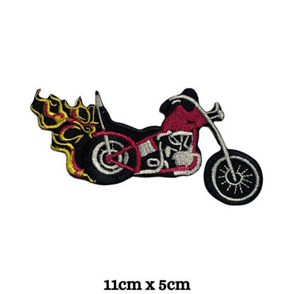 Red Chopper Motorcycle with Fire Embroidery Iron-On Patches for Clothing Sew-On Applique for DIY Crafts Denim Jackets Jeans Backpacks