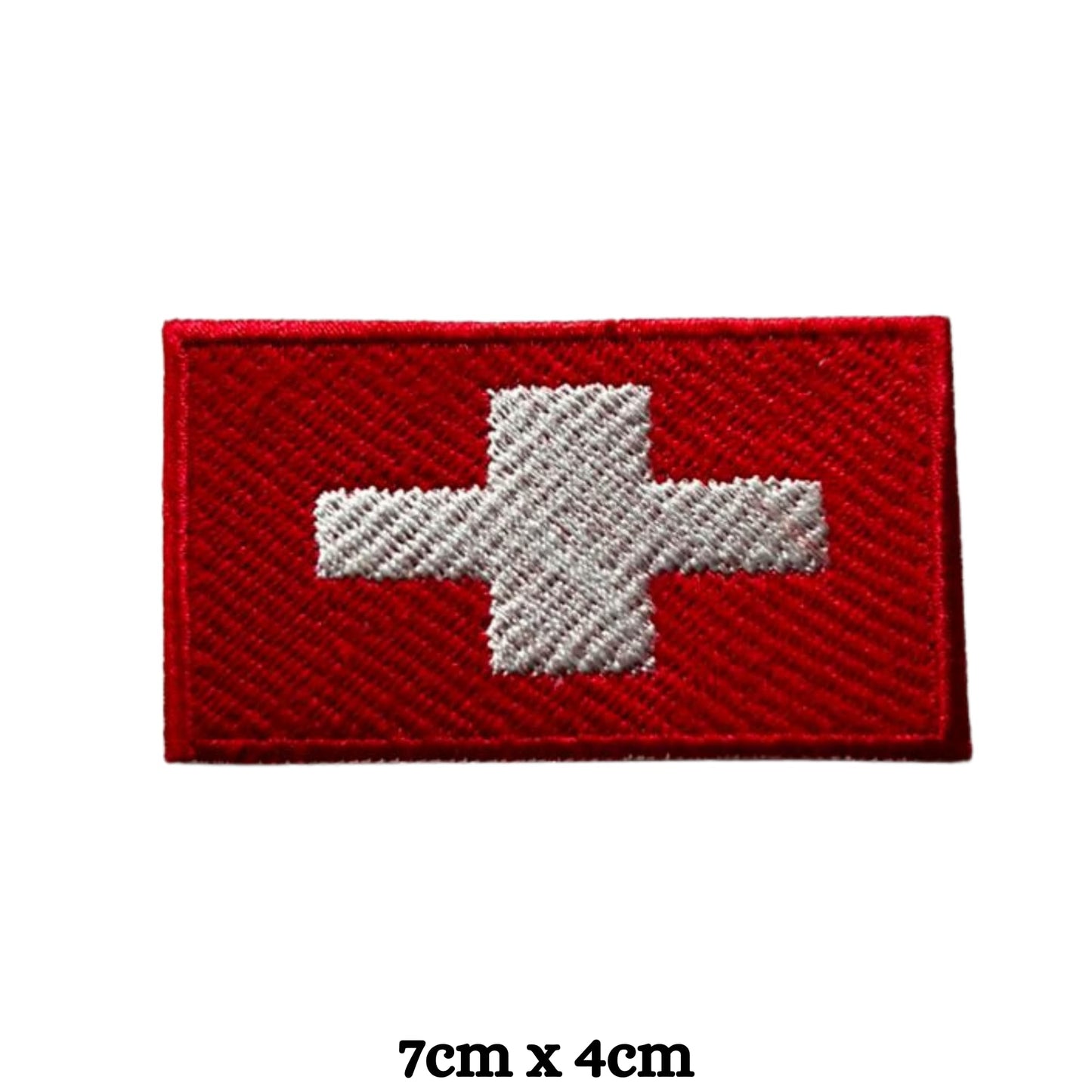 BeBuz Switzerland Flag Embroidered Patches, Iron-On/Sew-On Applique, Shield, Round, Heart and Rectangle Flag Badges for Jackets, Bags, Uniforms, Various Sizes