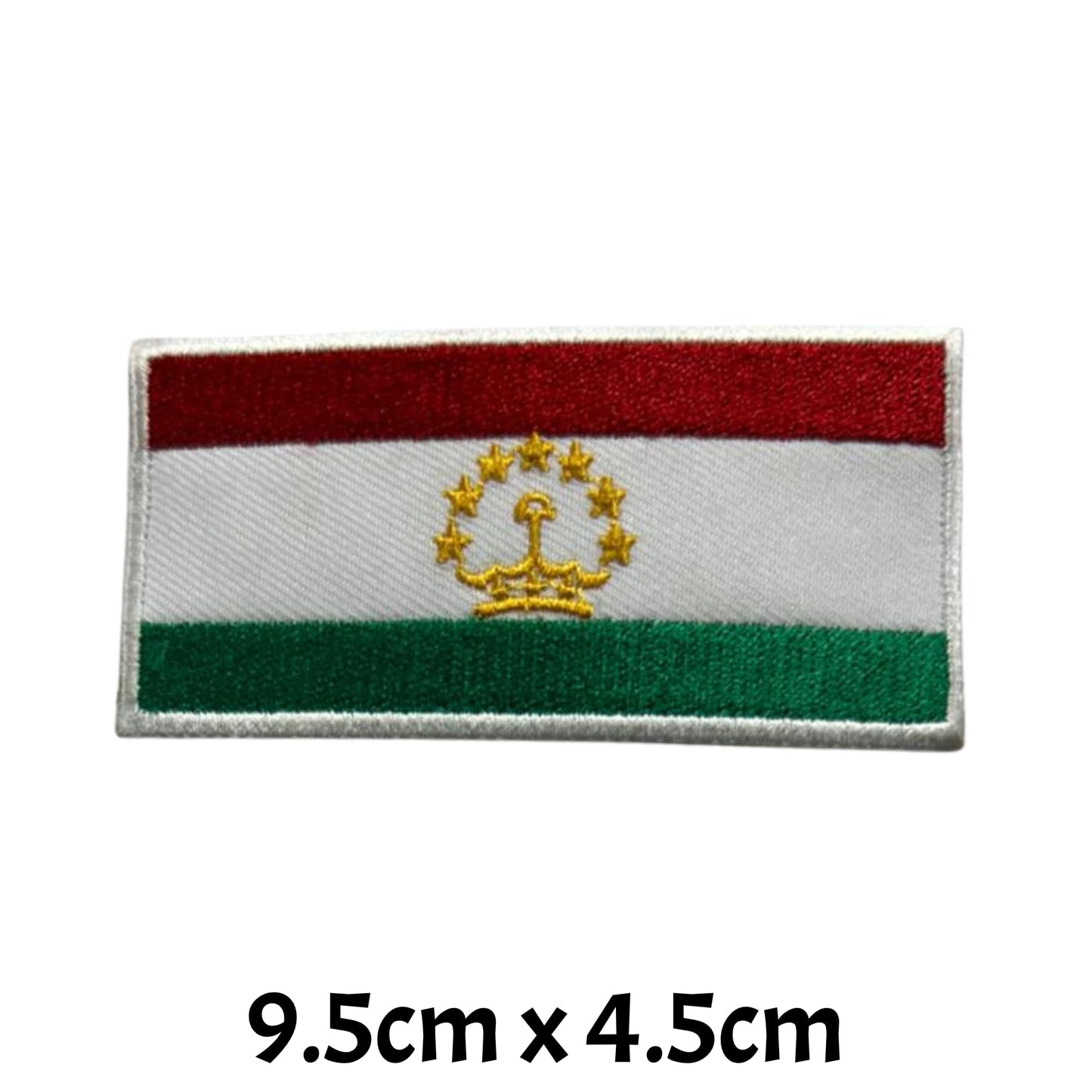 Tajikistan Flag Embroidered Patch Set, Iron-On or Sew-On Applique Badges, Rectangle Shield Round Heart Shapes, for Jackets, Backpacks, Hats, Uniforms and Various Sizes