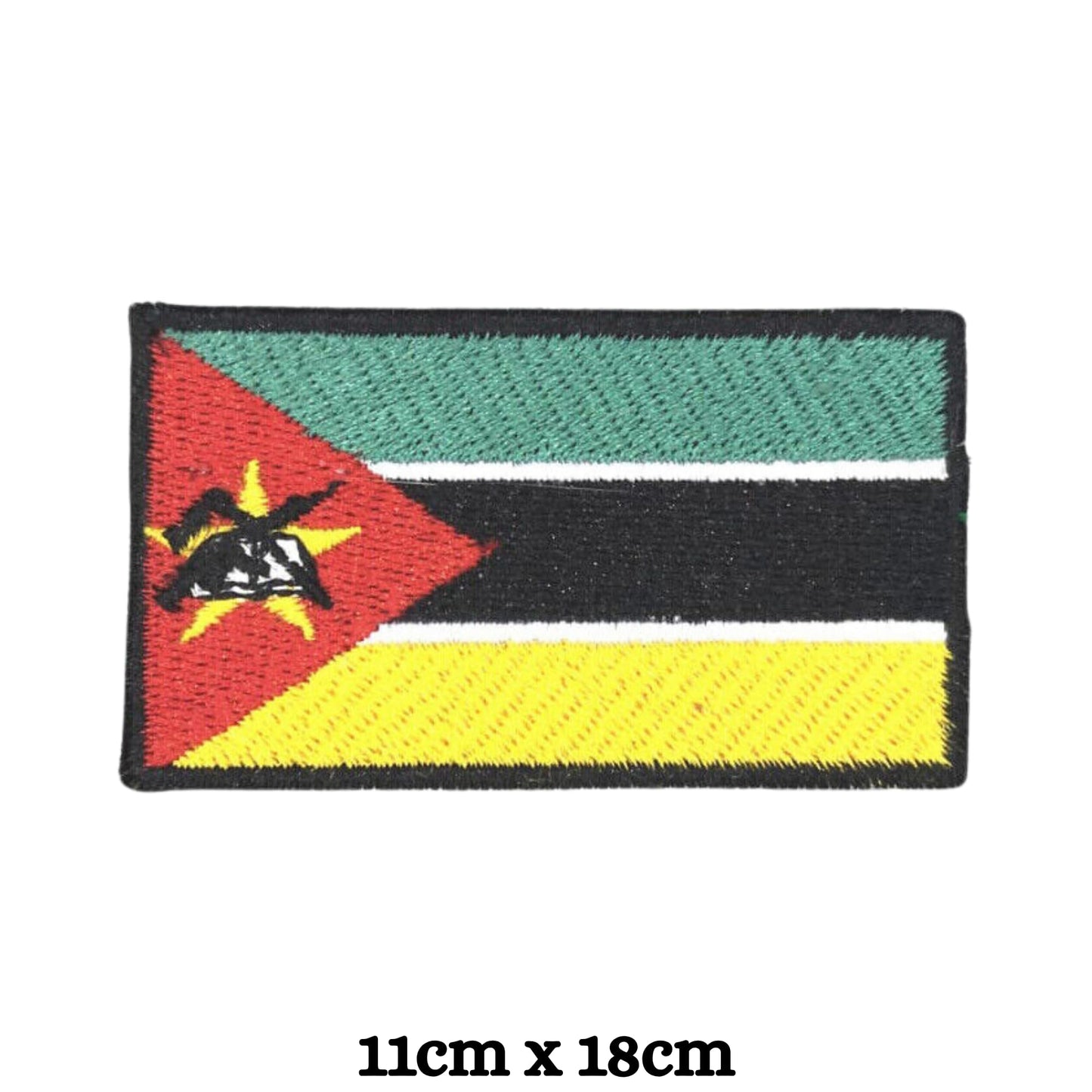 Mozambique Flag Embroidered Patch Set, Iron-On or Sew-On Applique Badges, Rectangle Shield Round Heart Shapes, for Jackets, Backpacks, Hats, Uniforms and Various Sizes