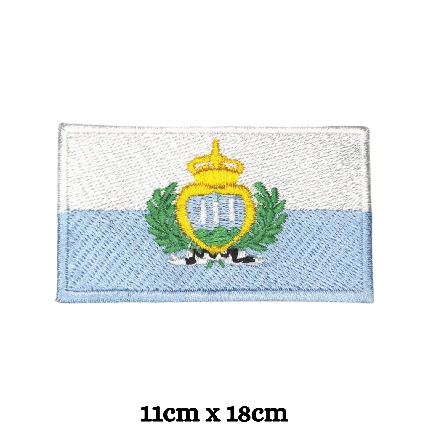 San Marino Flag Embroidered Patch Set, Iron-On or Sew-On Applique Badges, Rectangle Shield Round Heart Shapes, for Jackets, Backpacks, Hats, Uniforms and Various Sizes