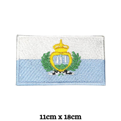 San Marino Flag Embroidered Patch Set, Iron-On or Sew-On Applique Badges, Rectangle Shield Round Heart Shapes, for Jackets, Backpacks, Hats, Uniforms and Various Sizes