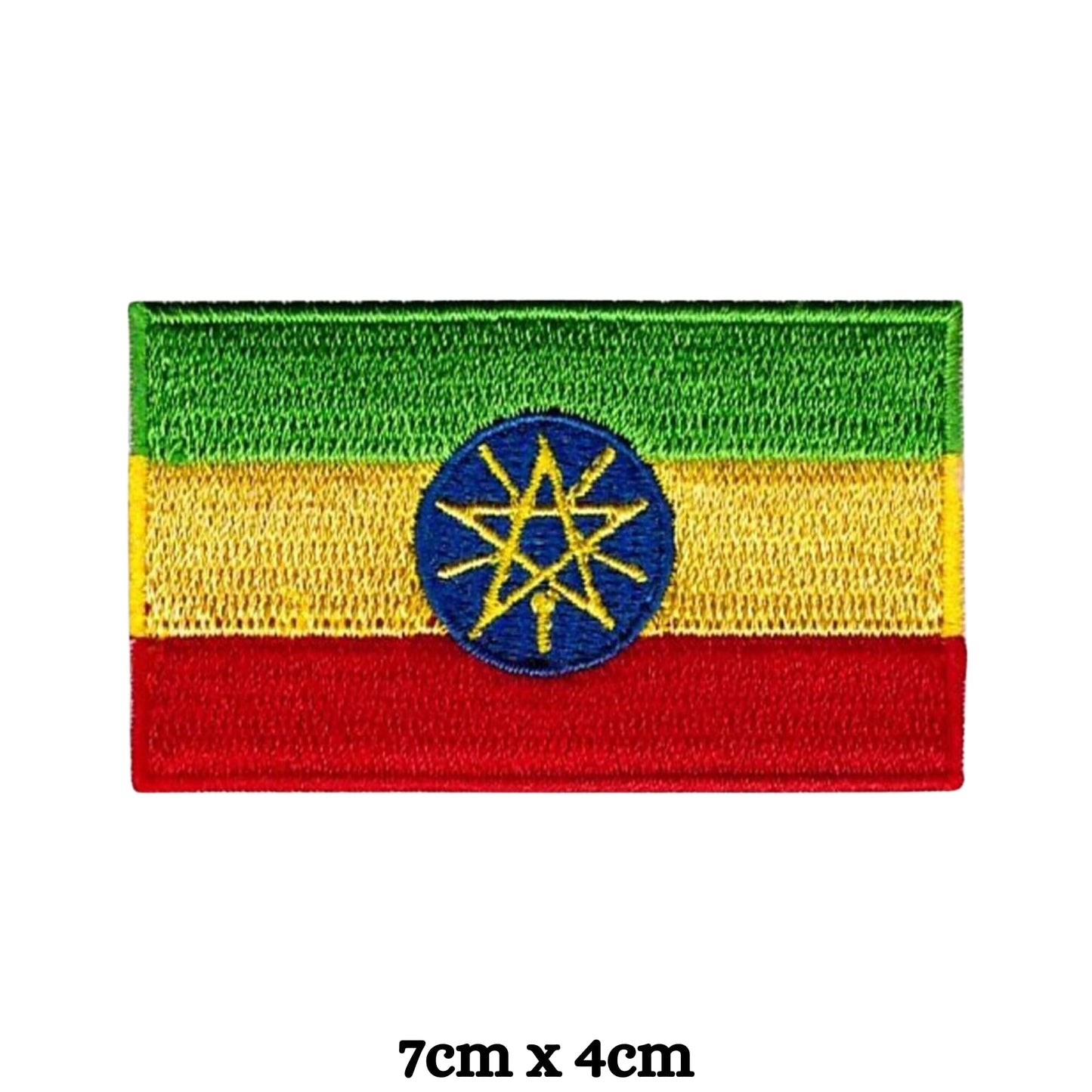 Ethiopia Flag Embroidered Patch Set, Iron-On or Sew-On Applique Badges, Rectangle Shield Round Heart Shapes, for Jackets, Backpacks, Hats, Uniforms and Various Sizes