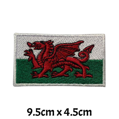 Wales Flag Embroidered Patch Set, Iron-On or Sew-On Applique Badges, Rectangle Shield Round Heart Shapes, for Jackets, Backpacks, Hats, Uniforms and Various Sizes
