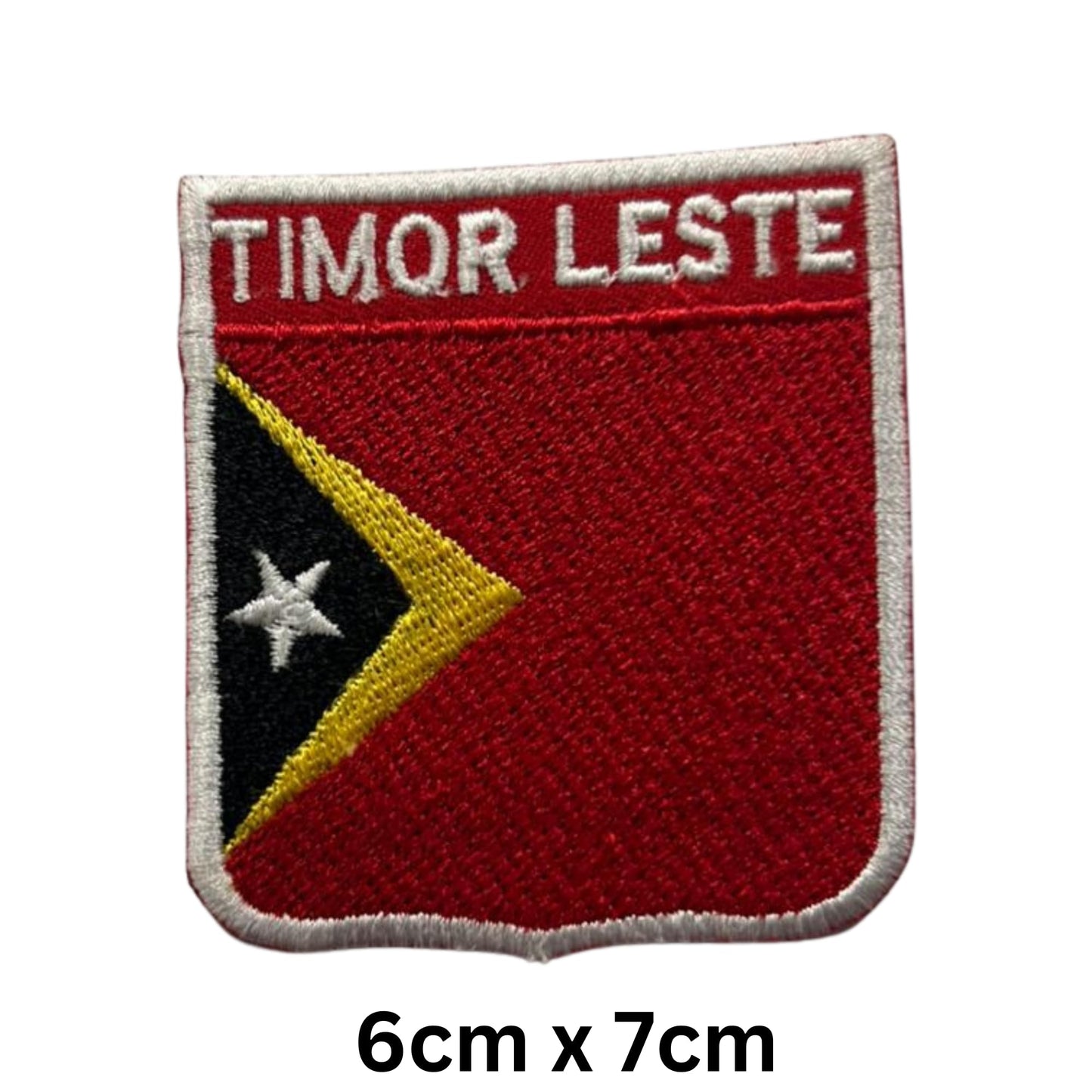 Timor Leste Flag Embroidered Patch Set, Iron-On or Sew-On Applique Badges, Rectangle Shield Round Heart Shapes, for Jackets, Backpacks, Hats, Uniforms and Various Sizes