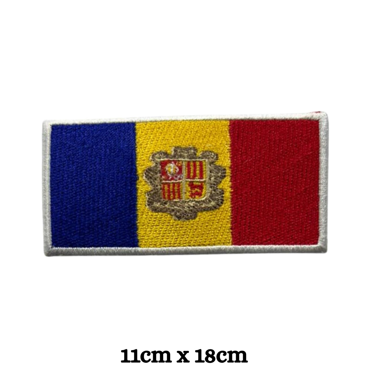 Andorra Flag Embroidered Patches, Iron-On/Sew-On Applique, Shield, Round, Heart and Rectangle Flag Badges for Jackets, Bags, Uniforms, Various Sizes