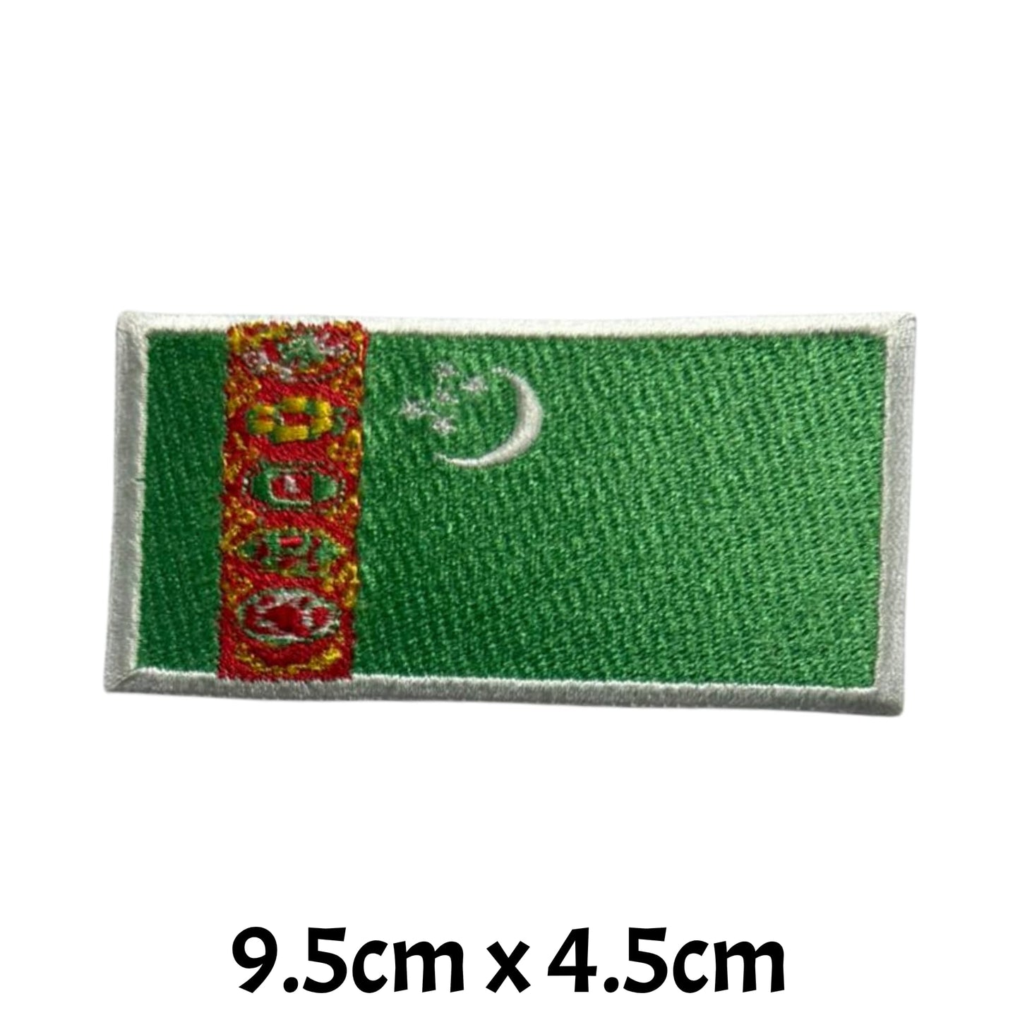 Turkmenistan Flag Embroidered Patch Set, Iron-On or Sew-On Applique Badges, Rectangle Shield Round Heart Shapes, for Jackets, Backpacks, Hats, Uniforms and Various Sizes