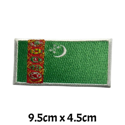 Turkmenistan Flag Embroidered Patch Set, Iron-On or Sew-On Applique Badges, Rectangle Shield Round Heart Shapes, for Jackets, Backpacks, Hats, Uniforms and Various Sizes