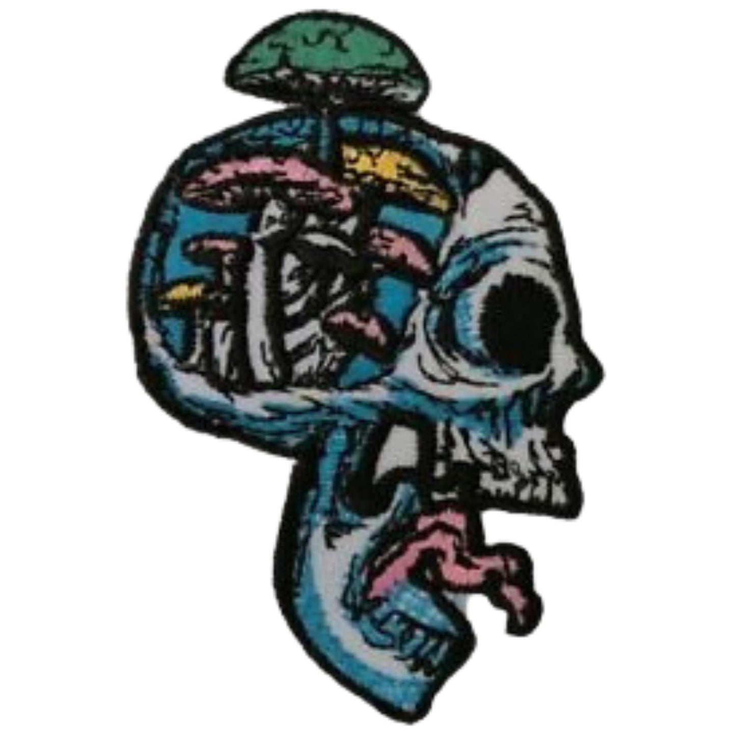 Skull with Mushrooms Embroidery Iron-On Patches for Clothing Sew-On Applique for DIY Crafts Denim Jackets Jeans Backpacks