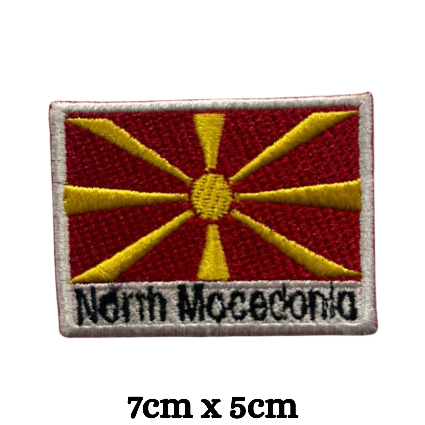 North Macedonia Flag Embroidered Patch Set, Iron-On or Sew-On Applique Badges, Rectangle Shield Round Heart Shapes, for Jackets, Backpacks, Hats, Uniforms and Various Sizes