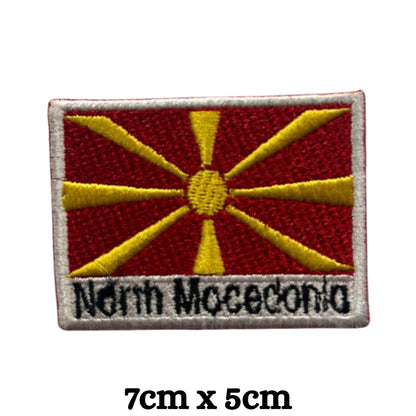 North Macedonia Flag Embroidered Patch Set, Iron-On or Sew-On Applique Badges, Rectangle Shield Round Heart Shapes, for Jackets, Backpacks, Hats, Uniforms and Various Sizes