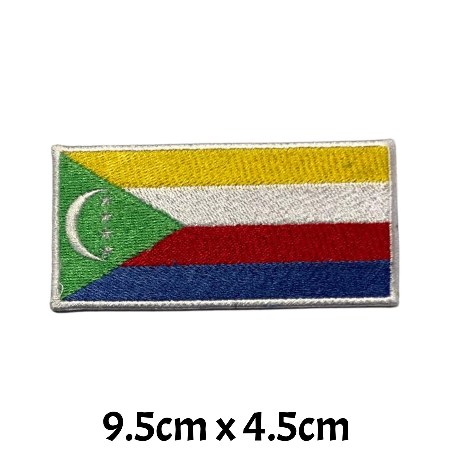 Comoros Flag Embroidered Patch Set, Iron-On or Sew-On Applique Badges, Rectangle Shield Round Heart Shapes, for Jackets, Backpacks, Hats, Uniforms and Various Sizes