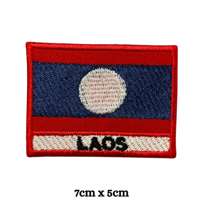 Laos Flag Embroidered Patch Set, Iron-On or Sew-On Applique Badges, Rectangle Shield Round Heart Shapes, for Jackets, Backpacks, Hats, Uniforms and Various Sizes