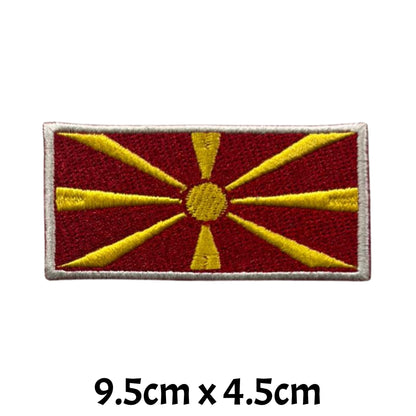 North Macedonia Flag Embroidered Patch Set, Iron-On or Sew-On Applique Badges, Rectangle Shield Round Heart Shapes, for Jackets, Backpacks, Hats, Uniforms and Various Sizes
