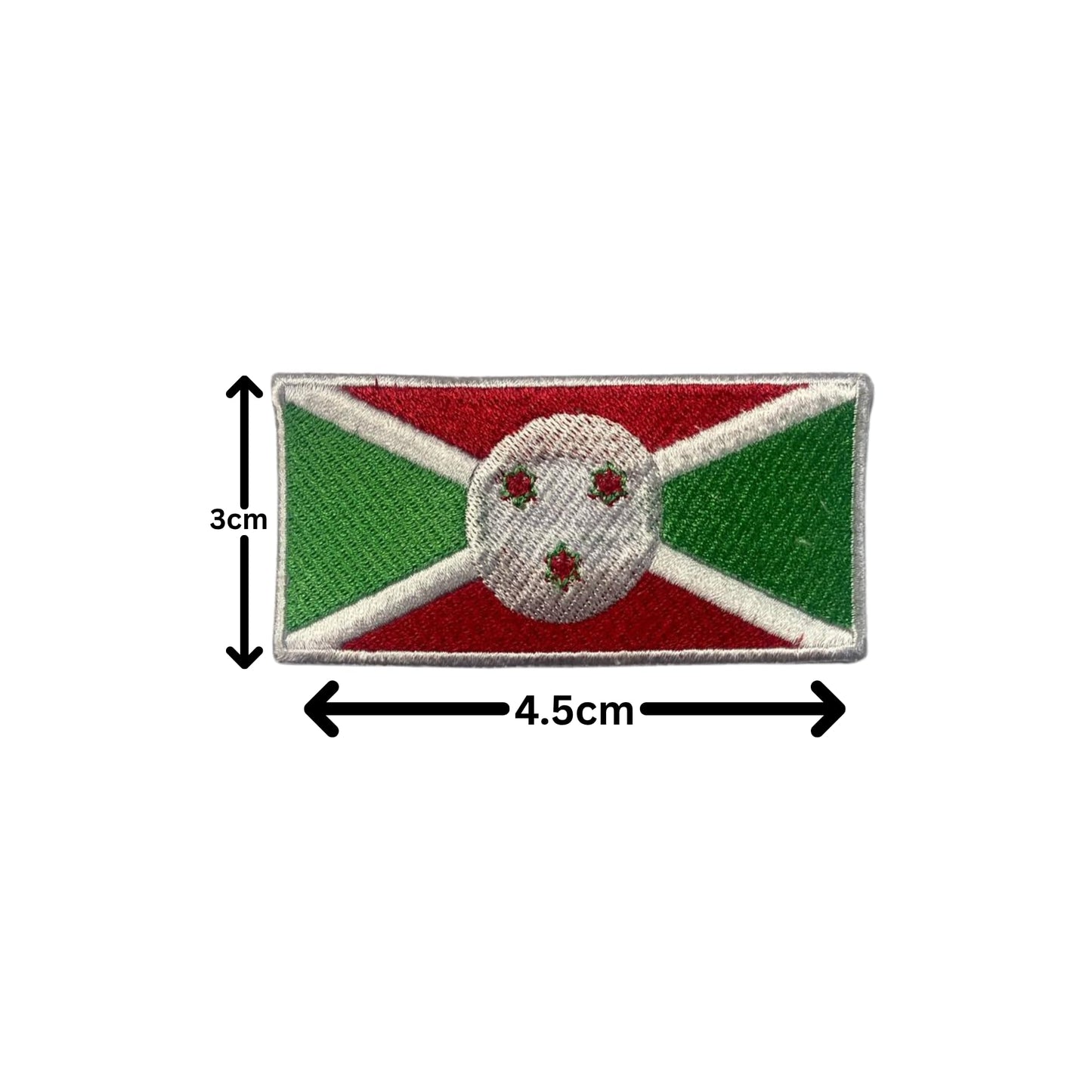 Burundi Flag Embroidered Patch Set, Iron-On or Sew-On Applique Badges, Rectangle Shield Round Heart Shapes, for Jackets, Backpacks, Hats, Uniforms and Various Sizes