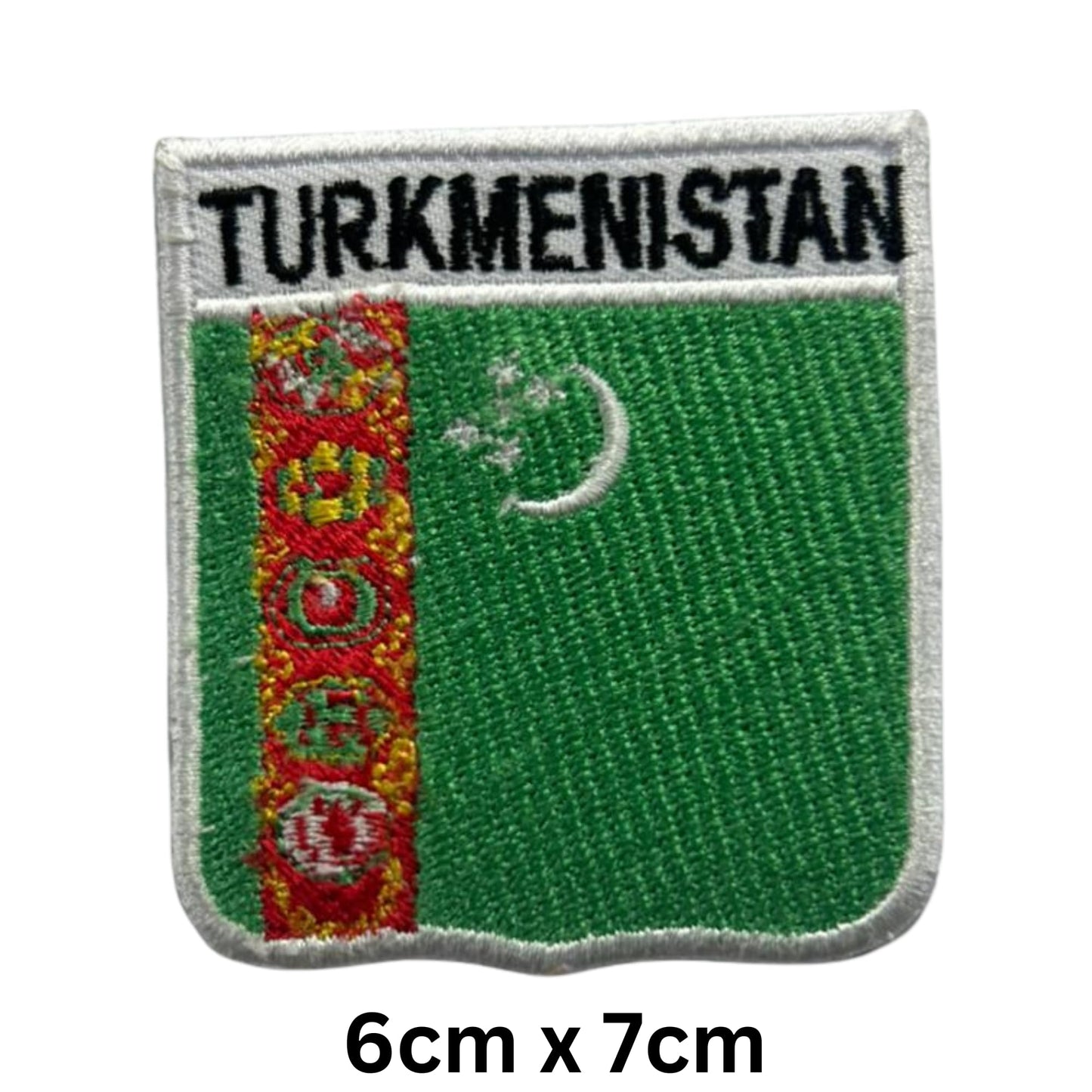 Turkmenistan Flag Embroidered Patch Set, Iron-On or Sew-On Applique Badges, Rectangle Shield Round Heart Shapes, for Jackets, Backpacks, Hats, Uniforms and Various Sizes