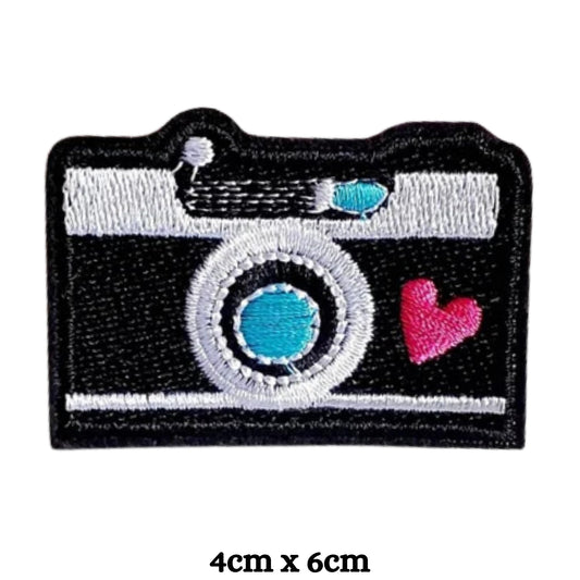 Camera with Tiny Pink Heart Embroidery Iron-On Patches for Clothing Sew-On Applique for DIY Crafts Denim Jackets Jeans Backpacks