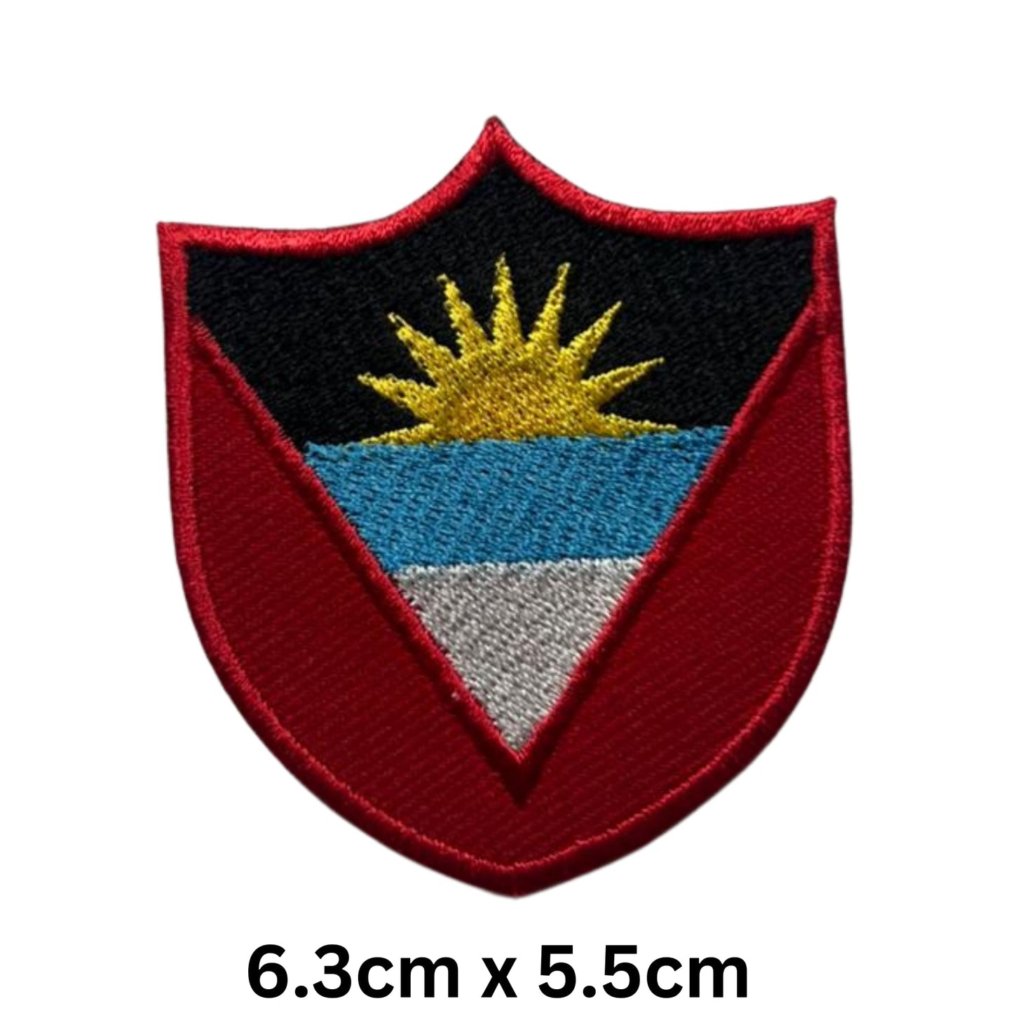 Antigua and Barbuda Flag Embroidered Patches, Iron-On/Sew-On Applique, Shield, Round, Heart and Rectangle Flag Badges for Jackets, Bags, Uniforms, Various Sizes