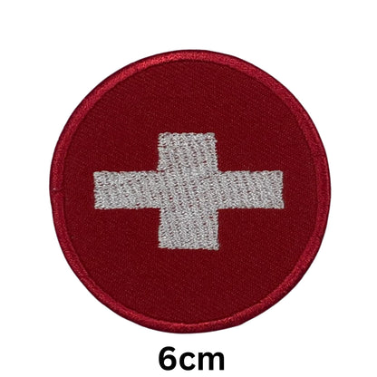 BeBuz Switzerland Flag Embroidered Patches, Iron-On/Sew-On Applique, Shield, Round, Heart and Rectangle Flag Badges for Jackets, Bags, Uniforms, Various Sizes