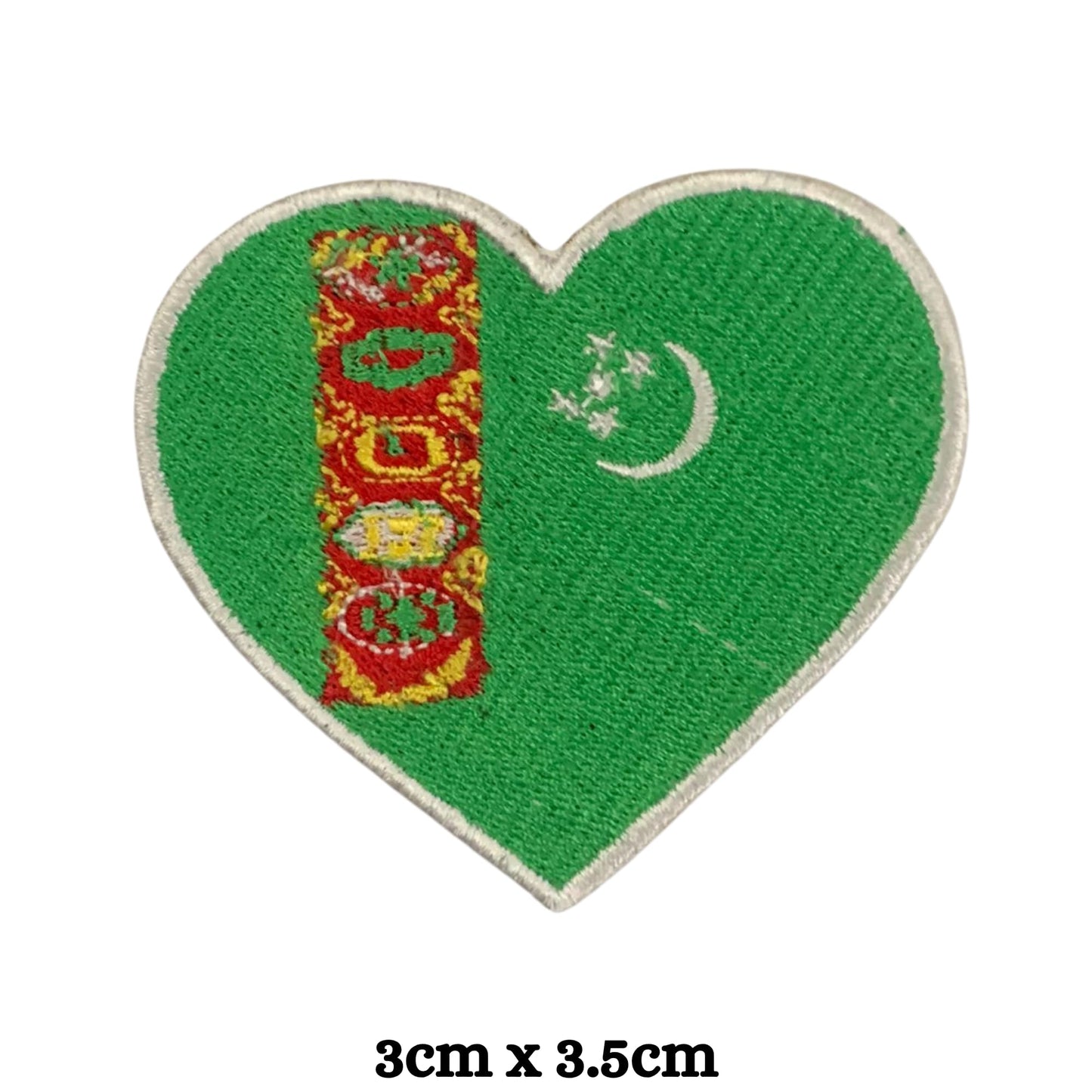 Turkmenistan Flag Embroidered Patch Set, Iron-On or Sew-On Applique Badges, Rectangle Shield Round Heart Shapes, for Jackets, Backpacks, Hats, Uniforms and Various Sizes