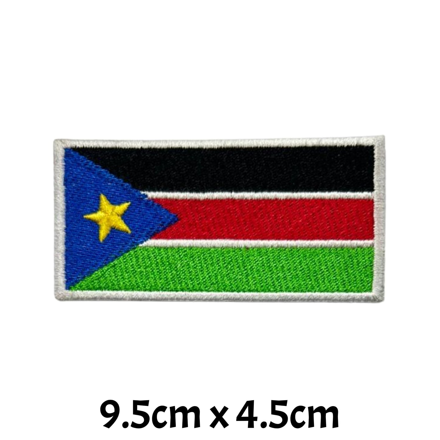 South Sudan Flag Embroidered Patch Set, Iron-On or Sew-On Applique Badges, Rectangle Shield Round Heart Shapes, for Jackets, Backpacks, Hats, Uniforms and Various Sizes
