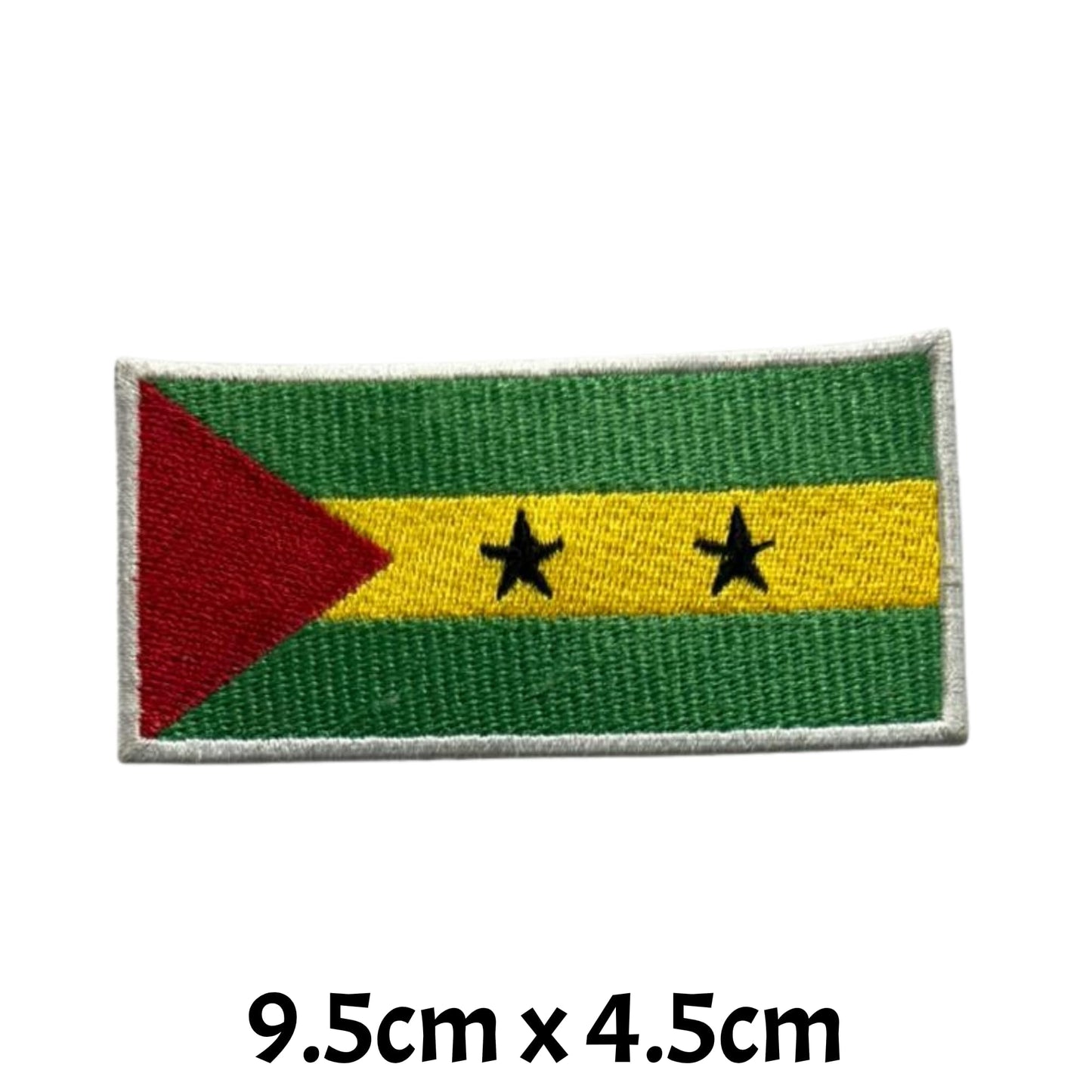 Sao Tome Flag Embroidered Patch Set, Iron-On or Sew-On Applique Badges, Rectangle Shield Round Heart Shapes, for Jackets, Backpacks, Hats, Uniforms and Various Sizes