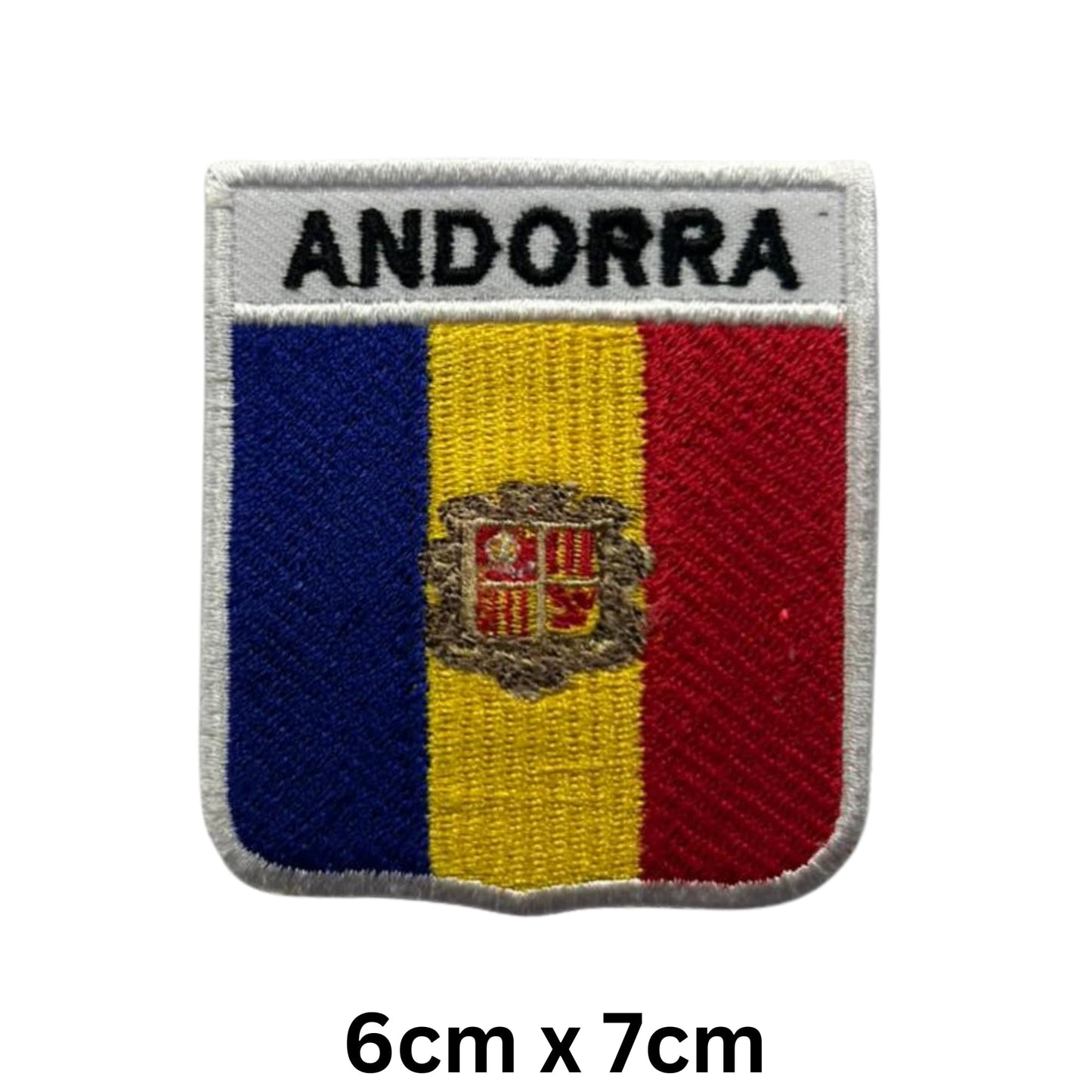 Andorra Flag Embroidered Patches, Iron-On/Sew-On Applique, Shield, Round, Heart and Rectangle Flag Badges for Jackets, Bags, Uniforms, Various Sizes