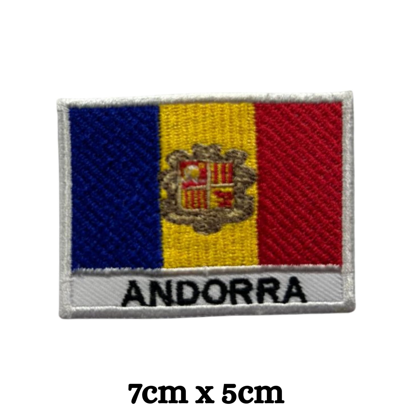 Andorra Flag Embroidered Patches, Iron-On/Sew-On Applique, Shield, Round, Heart and Rectangle Flag Badges for Jackets, Bags, Uniforms, Various Sizes