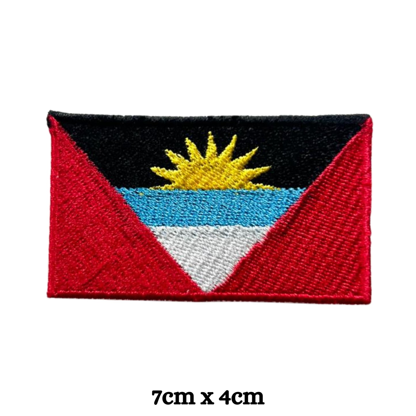 Antigua and Barbuda Flag Embroidered Patches, Iron-On/Sew-On Applique, Shield, Round, Heart and Rectangle Flag Badges for Jackets, Bags, Uniforms, Various Sizes
