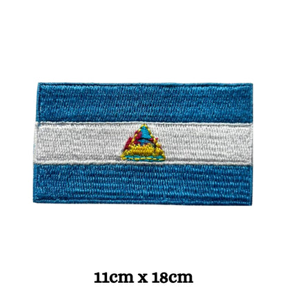 Nicaragua Flag Embroidered Patch Set, Iron-On or Sew-On Applique Badges, Rectangle Shield Round Heart Shapes, for Jackets, Backpacks, Hats, Uniforms and Various Sizes