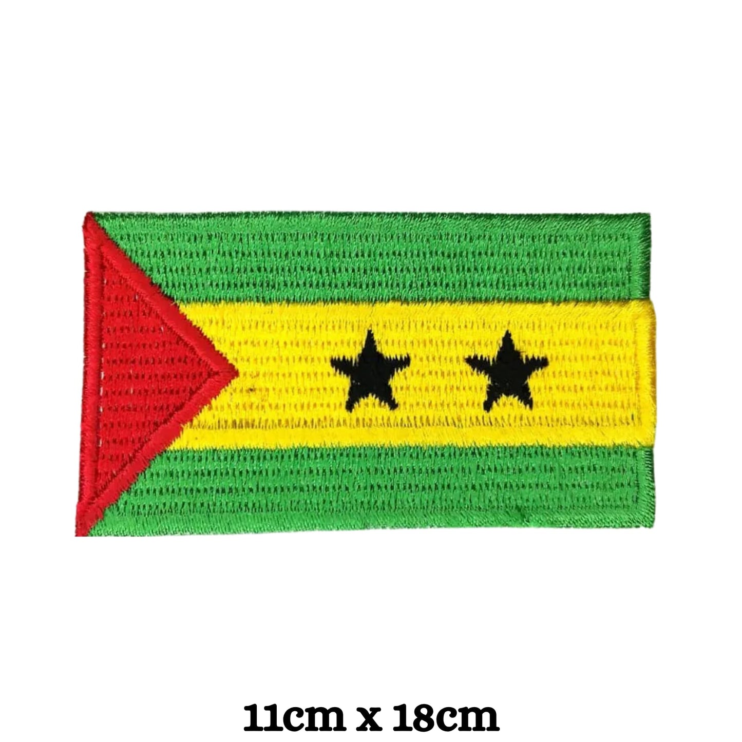 Sao Tome Flag Embroidered Patch Set, Iron-On or Sew-On Applique Badges, Rectangle Shield Round Heart Shapes, for Jackets, Backpacks, Hats, Uniforms and Various Sizes
