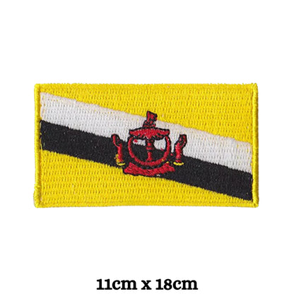 BeBuz Brunei Flag Embroidered Patch Set, Iron-On or Sew-On Applique Badges, Rectangle Shield Round Heart Shapes, National Flag Emblem for Jackets, Backpacks, Hats, Uniforms and Various Sizes