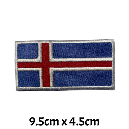 Iceland Flag Embroidered Patch Set, Iron-On or Sew-On Applique Badges, Rectangle Shield Round Heart Shapes, for Jackets, Backpacks, Hats, Uniforms and Various Sizes
