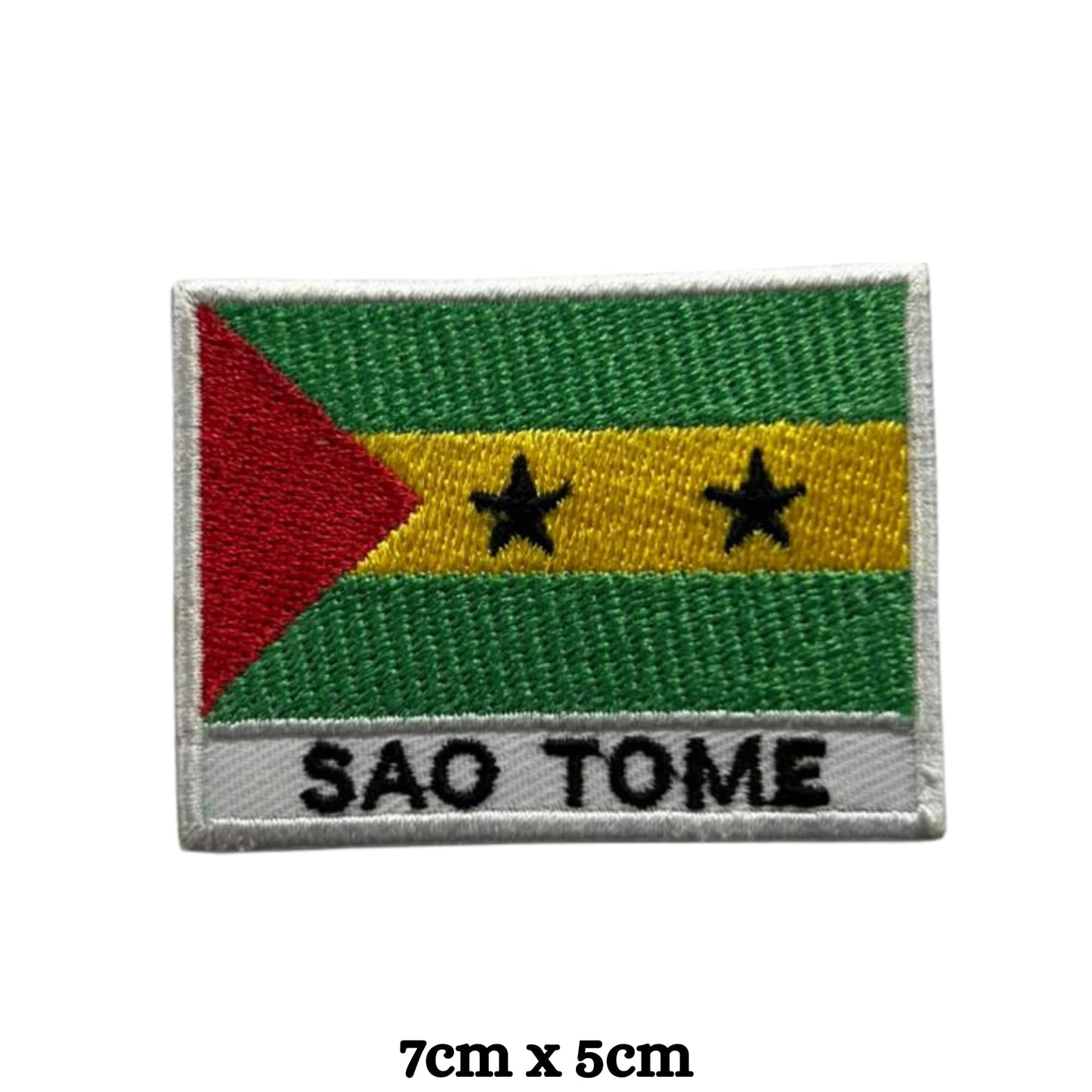 Sao Tome Flag Embroidered Patch Set, Iron-On or Sew-On Applique Badges, Rectangle Shield Round Heart Shapes, for Jackets, Backpacks, Hats, Uniforms and Various Sizes