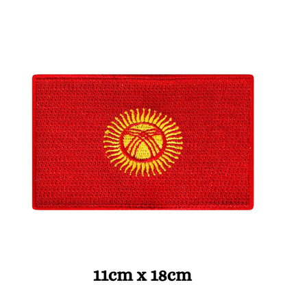 Kyrgyzstan Flag Embroidered Patch Set, Iron-On or Sew-On Applique Badges, Rectangle Shield Round Heart Shapes, for Jackets, Backpacks, Hats, Uniforms and Various Sizes