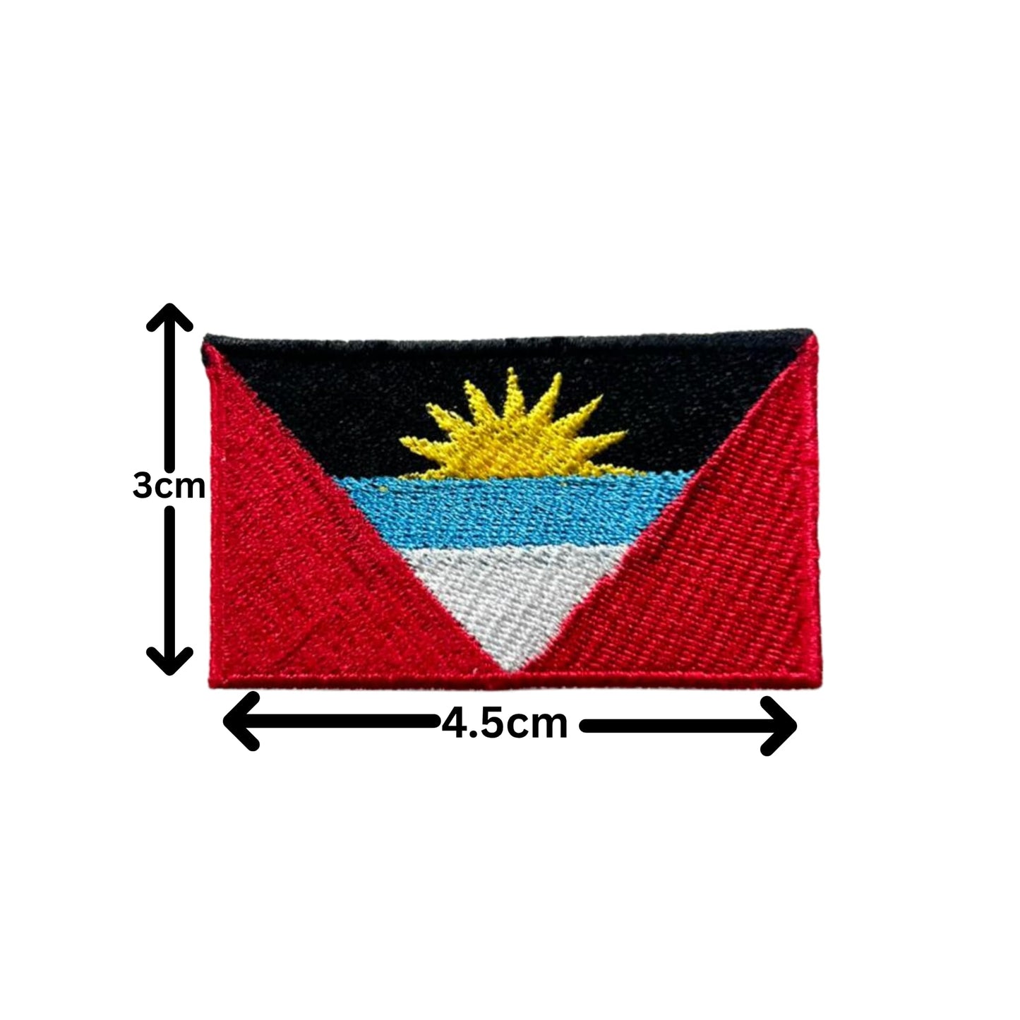 Antigua and Barbuda Flag Embroidered Patches, Iron-On/Sew-On Applique, Shield, Round, Heart and Rectangle Flag Badges for Jackets, Bags, Uniforms, Various Sizes