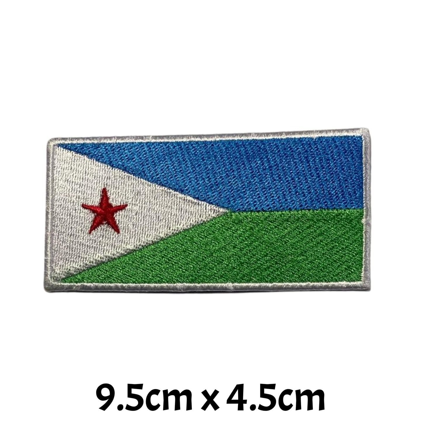 Djibouti Flag Embroidered Patch Set, Iron-On or Sew-On Applique Badges, Rectangle Shield Round Heart Shapes, for Jackets, Backpacks, Hats, Uniforms and Various Sizes