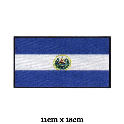 El Salvador Flag Embroidered Patch Set, Iron-On or Sew-On Applique Badges, Rectangle Shield Round Heart Shapes, for Jackets, Backpacks, Hats, Uniforms and Various Sizes