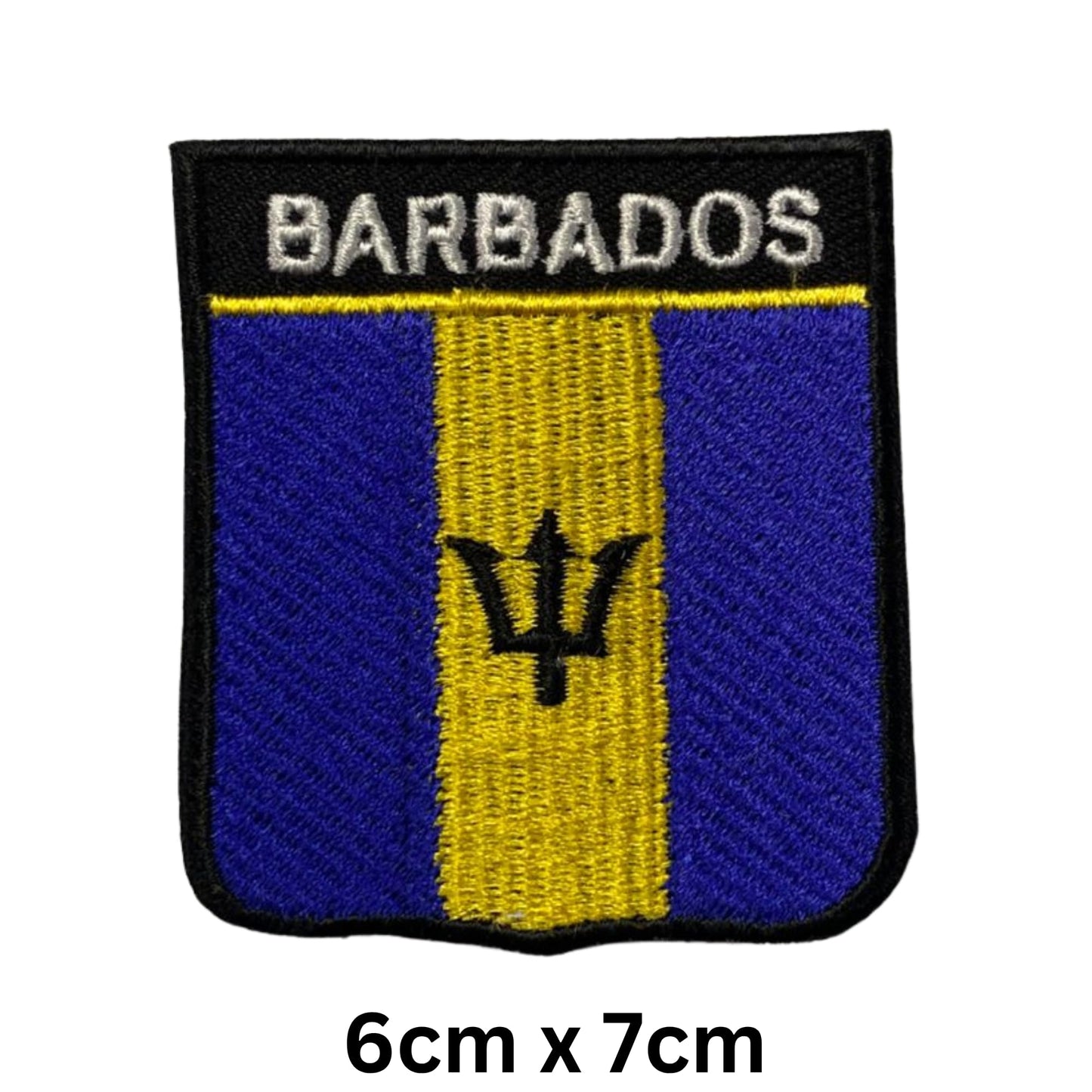 Barbados Flag Embroidered Patches, Iron-On/Sew-On Applique, Shield, Round, Heart and Rectangle Flag Badges for Jackets, Bags, Uniforms, Various Sizes