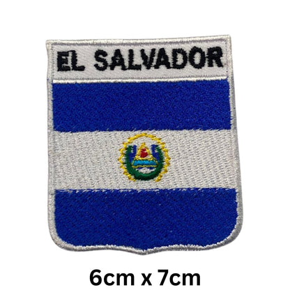 El Salvador Flag Embroidered Patch Set, Iron-On or Sew-On Applique Badges, Rectangle Shield Round Heart Shapes, for Jackets, Backpacks, Hats, Uniforms and Various Sizes