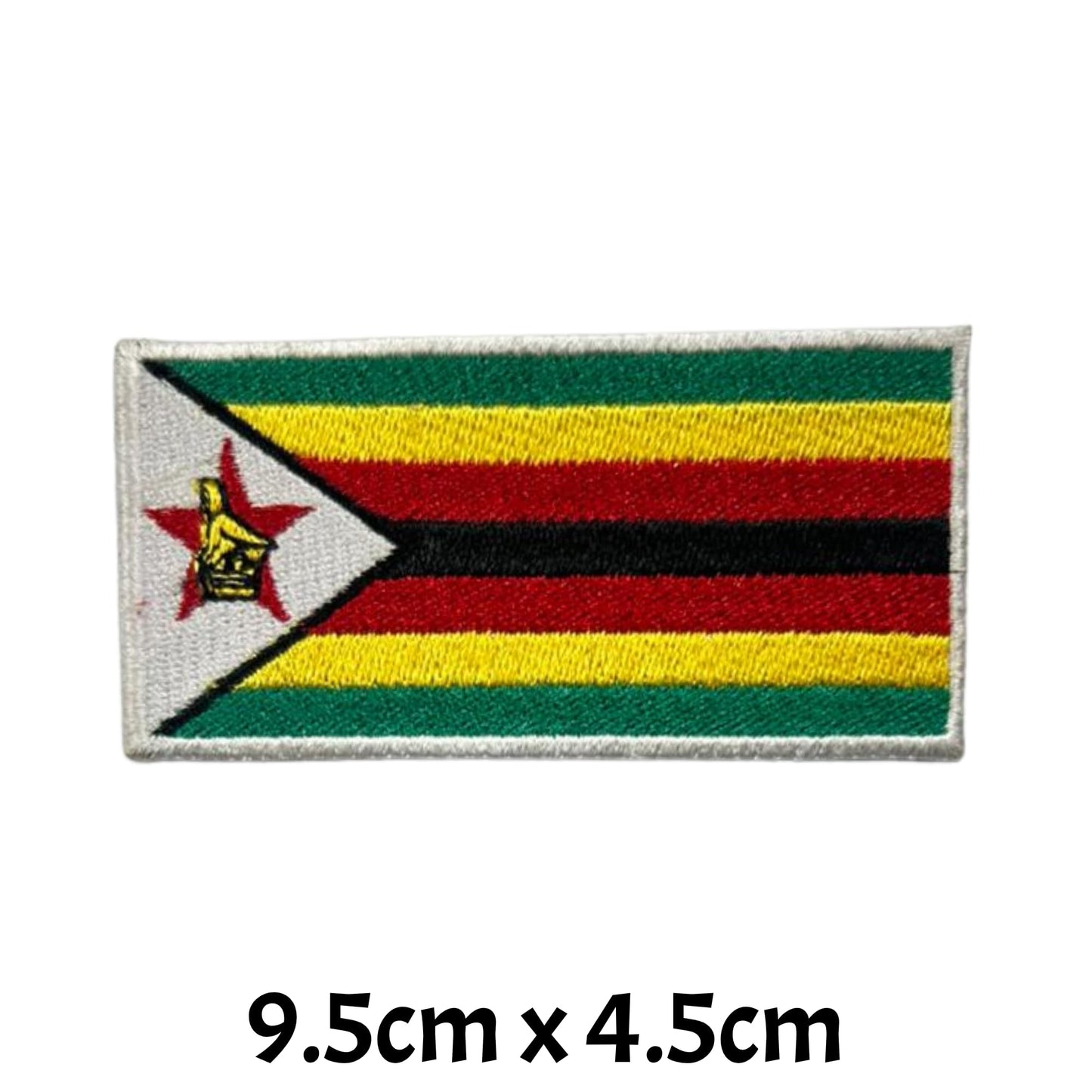 Zimbabwe Flag Embroidered Patch Set, Iron-On or Sew-On Applique Badges, Rectangle Shield Round Heart Shapes, for Jackets, Backpacks, Hats, Uniforms and Various Sizes