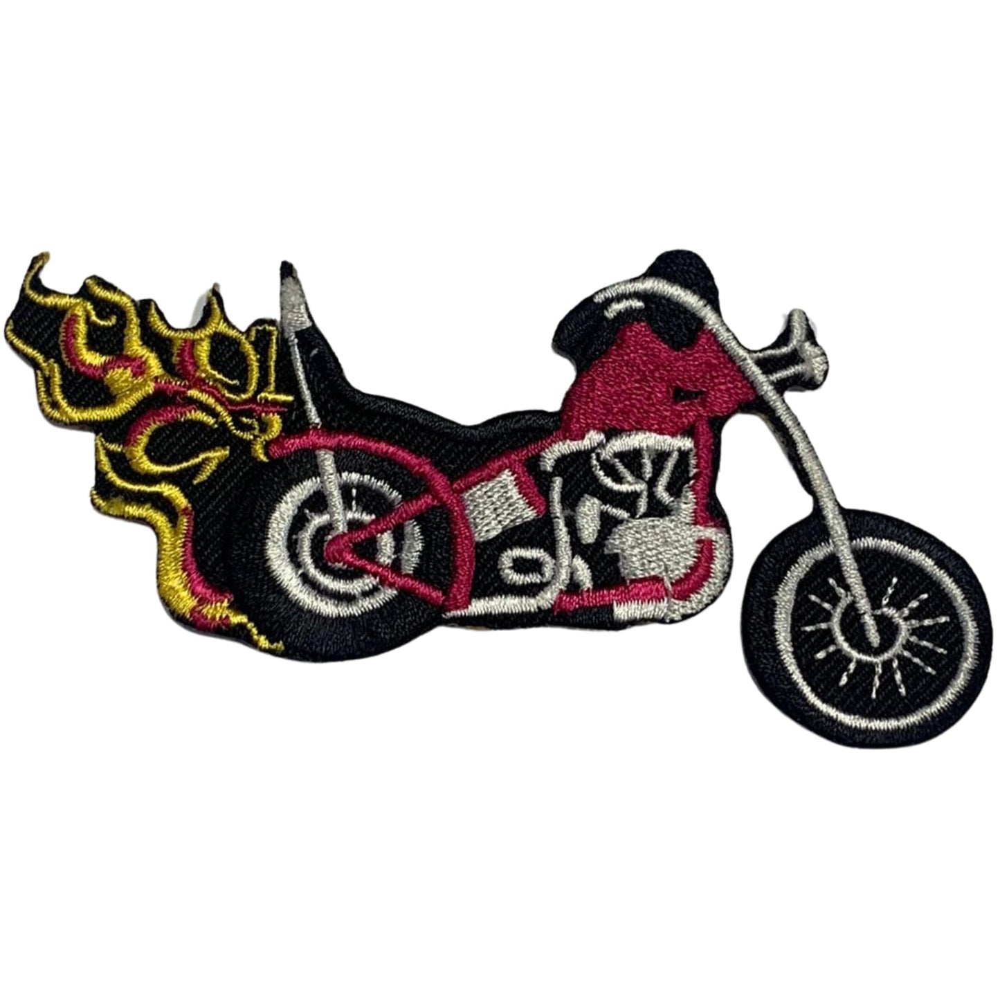 Red Chopper Motorcycle with Fire Embroidery Iron-On Patches for Clothing Sew-On Applique for DIY Crafts Denim Jackets Jeans Backpacks